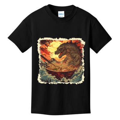 Funny Vintage Retro Japanese Great Wave Ramen Kaiju Monster Kids T-Shirt