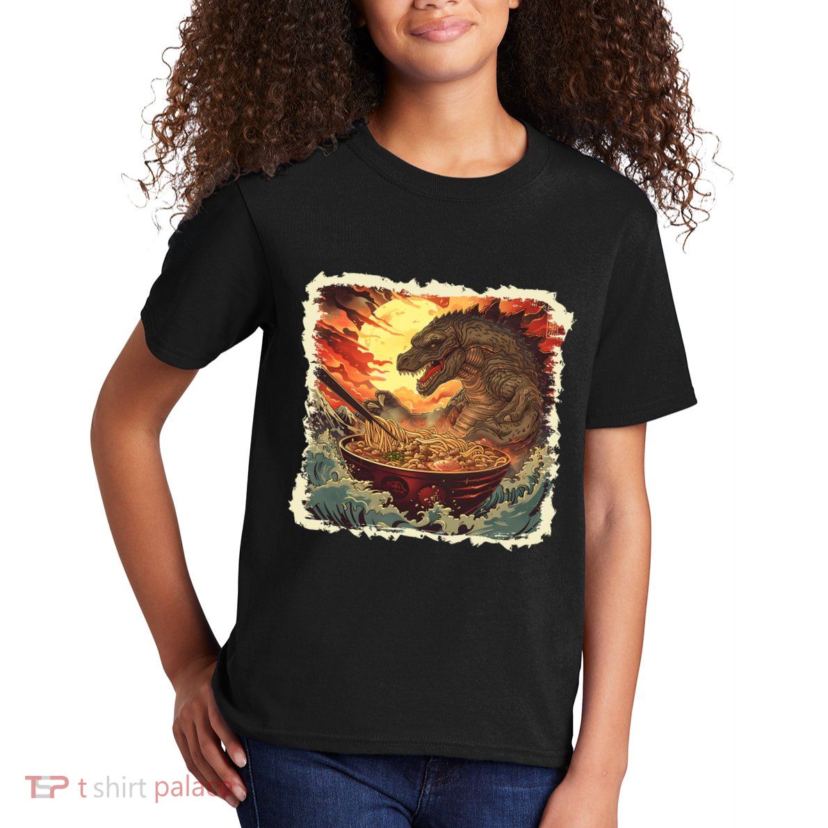 Funny Vintage Retro Japanese Great Wave Ramen Kaiju Monster Kids T-Shirt