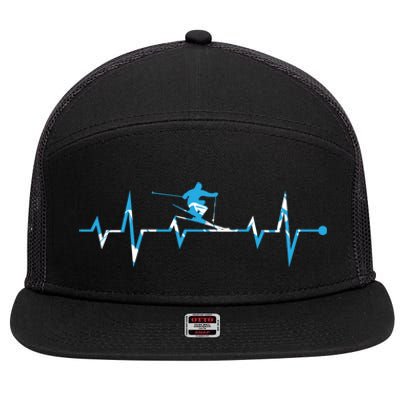 Funny Vintage Ski Heartbeat Skiing Skier Adventure Gifts 7 Panel Mesh Trucker Snapback Hat