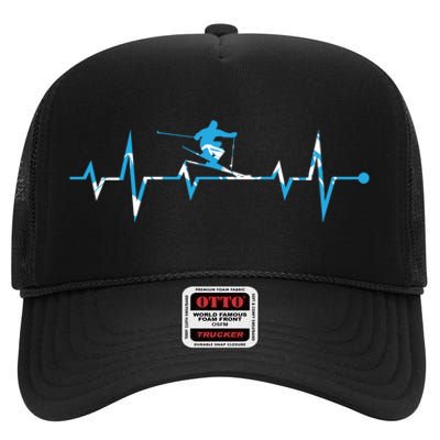 Funny Vintage Ski Heartbeat Skiing Skier Adventure Gifts High Crown Mesh Back Trucker Hat