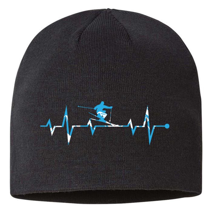 Funny Vintage Ski Heartbeat Skiing Skier Adventure Gifts Sustainable Beanie