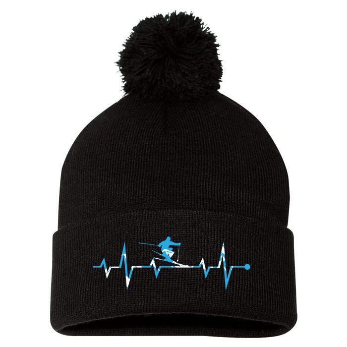 Funny Vintage Ski Heartbeat Skiing Skier Adventure Gifts Pom Pom 12in Knit Beanie