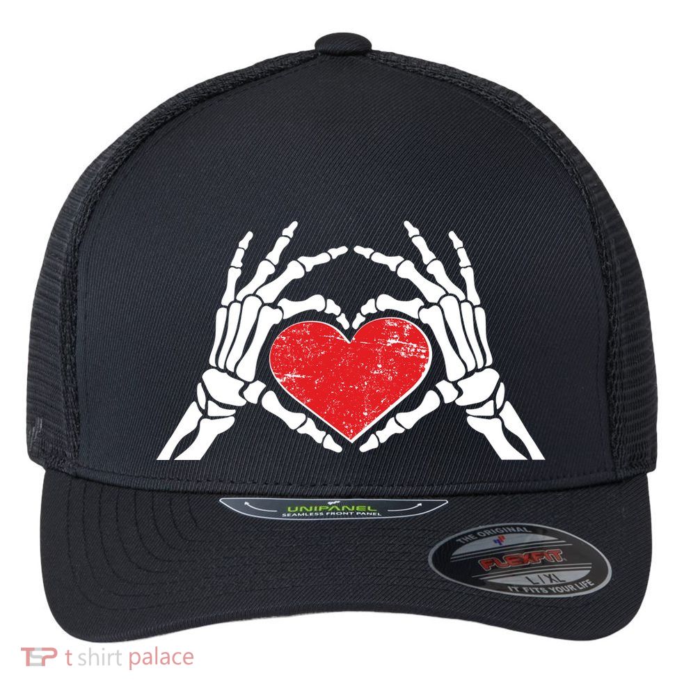 Funny Valentine Skeleton Bone Hands Heart Flexfit Unipanel Trucker Cap