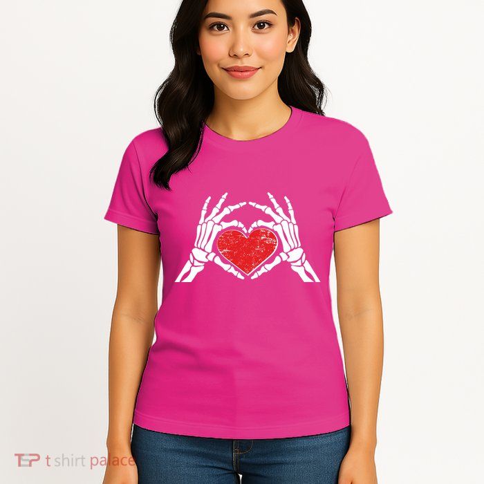 Funny Valentine Skeleton Bone Hands Heart Womens T-Shirt