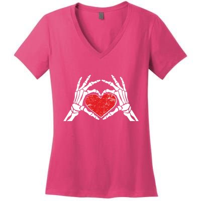 Funny Valentine Skeleton Bone Hands Heart Women's V-Neck T-Shirt