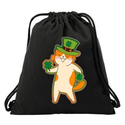 Funny Vintage St Patricks Day Leprechaun Shamrock Clover Cat Drawstring Bag