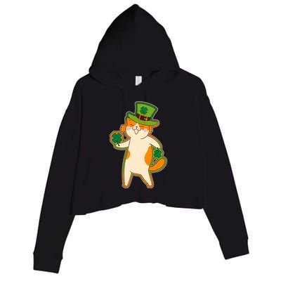 Funny Vintage St Patricks Day Leprechaun Shamrock Clover Cat Crop Fleece Hoodie
