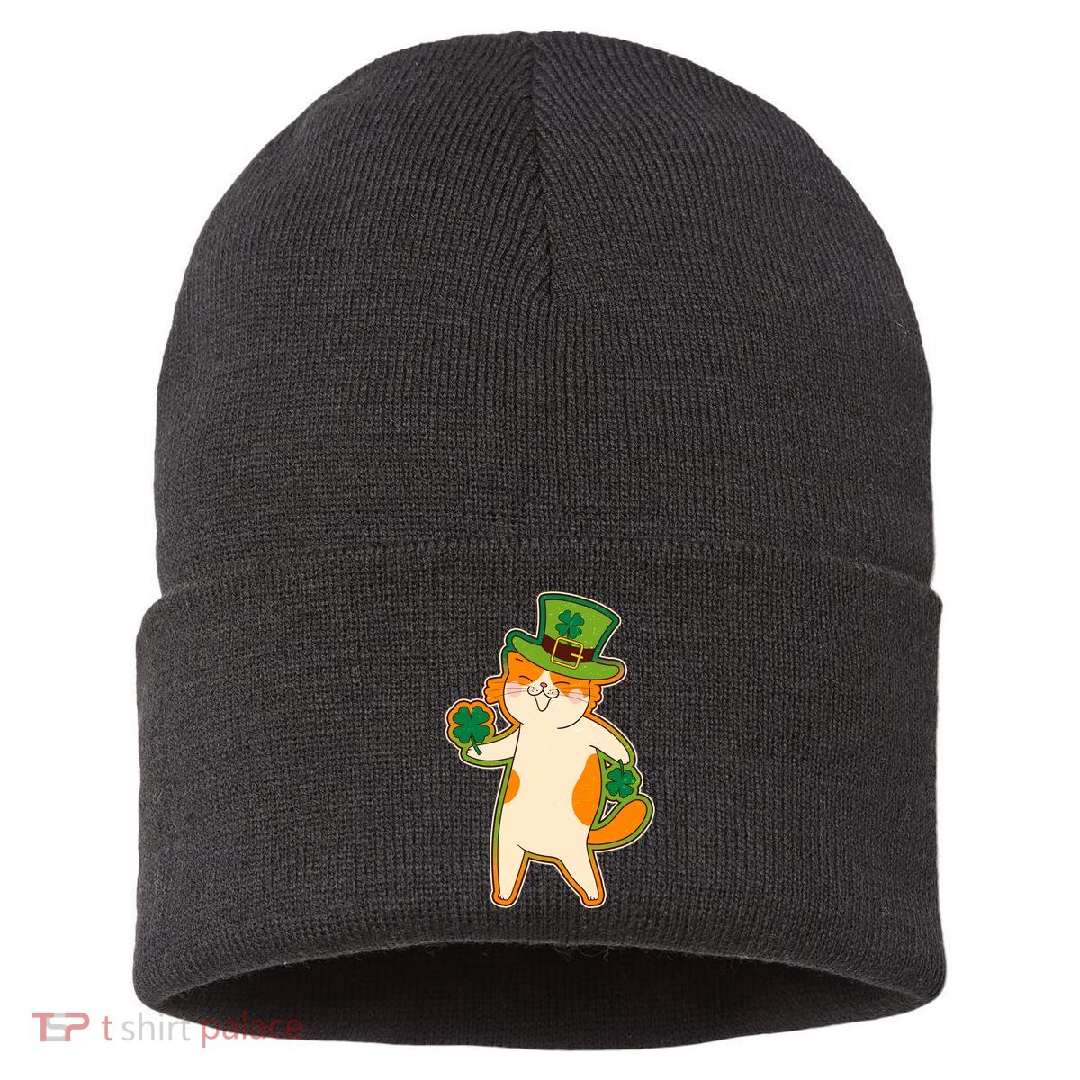 Funny Vintage St Patricks Day Leprechaun Shamrock Clover Cat Sustainable Knit Beanie