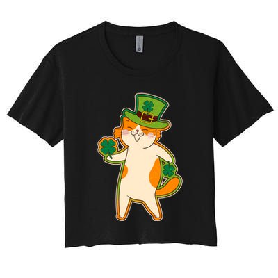 Funny Vintage St Patricks Day Leprechaun Shamrock Clover Cat Crop Top