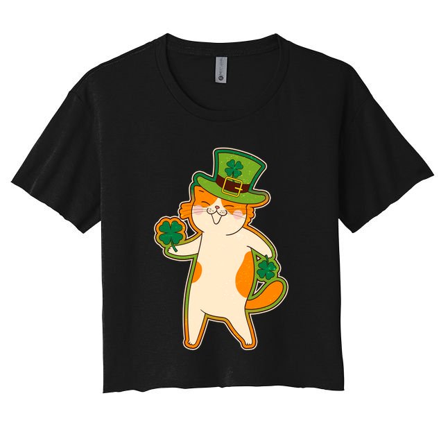 Funny Vintage St Patricks Day Leprechaun Shamrock Clover Cat Crop Top