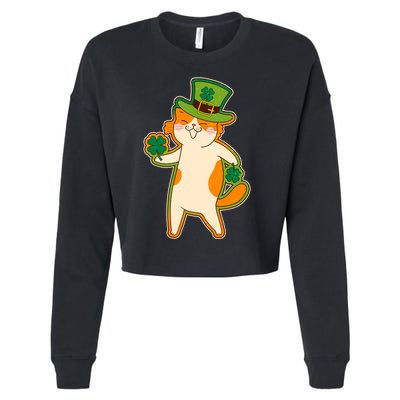 Funny Vintage St Patricks Day Leprechaun Shamrock Clover Cat Cropped Pullover Crew