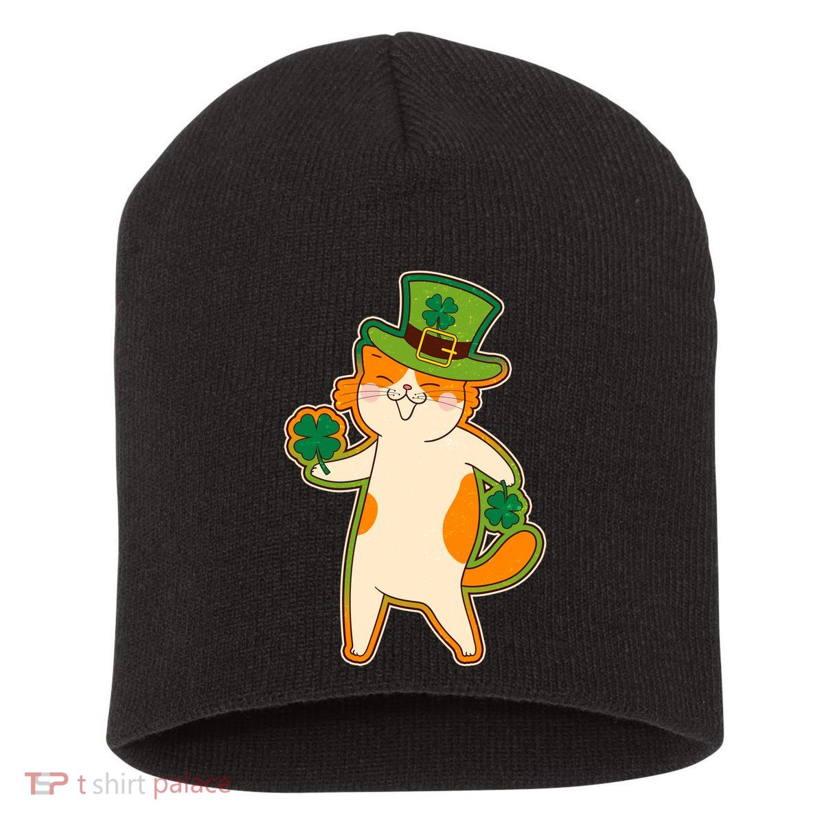 Funny Vintage St Patricks Day Leprechaun Shamrock Clover Cat Short Acrylic Beanie