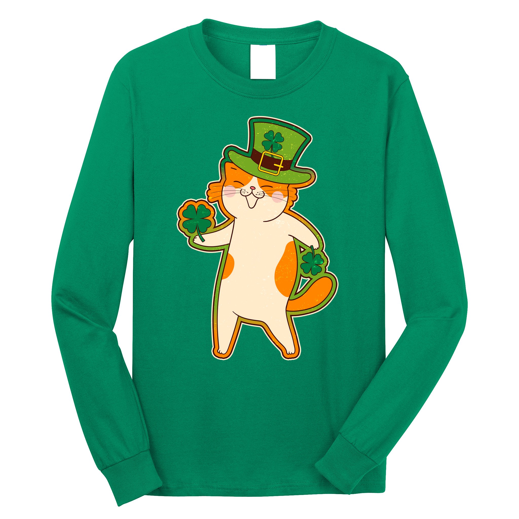 Funny Vintage St Patricks Day Leprechaun Shamrock Clover Cat Long Sleeve Shirt