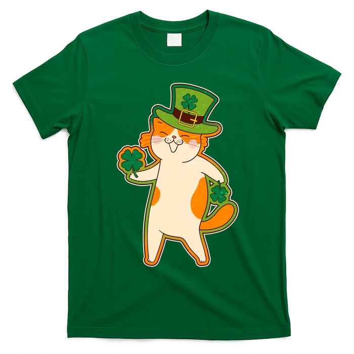 Funny Vintage St Patricks Day Leprechaun Shamrock Clover Cat T-Shirt