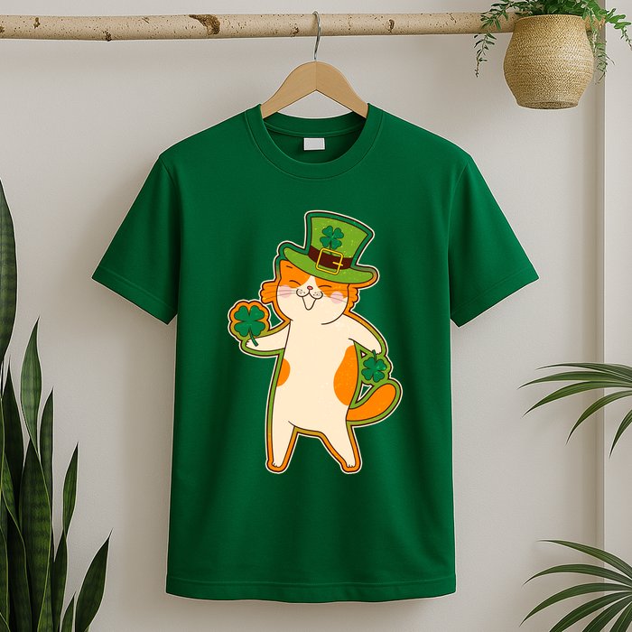 Funny Vintage St Patricks Day Leprechaun Shamrock Clover Cat T-Shirt