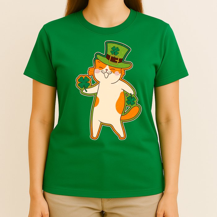 Funny Vintage St Patricks Day Leprechaun Shamrock Clover Cat T-Shirt