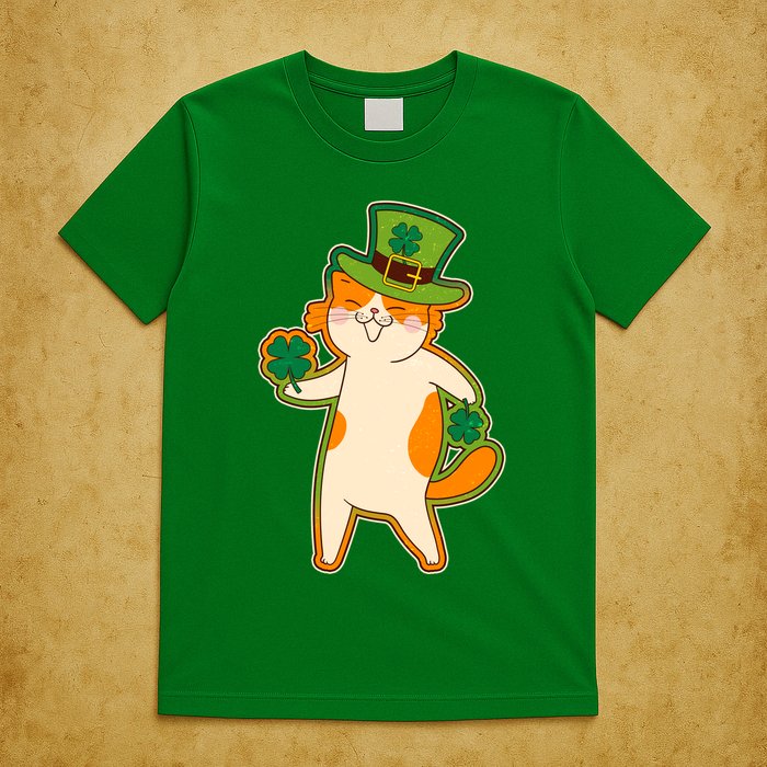 Funny Vintage St Patricks Day Leprechaun Shamrock Clover Cat T-Shirt