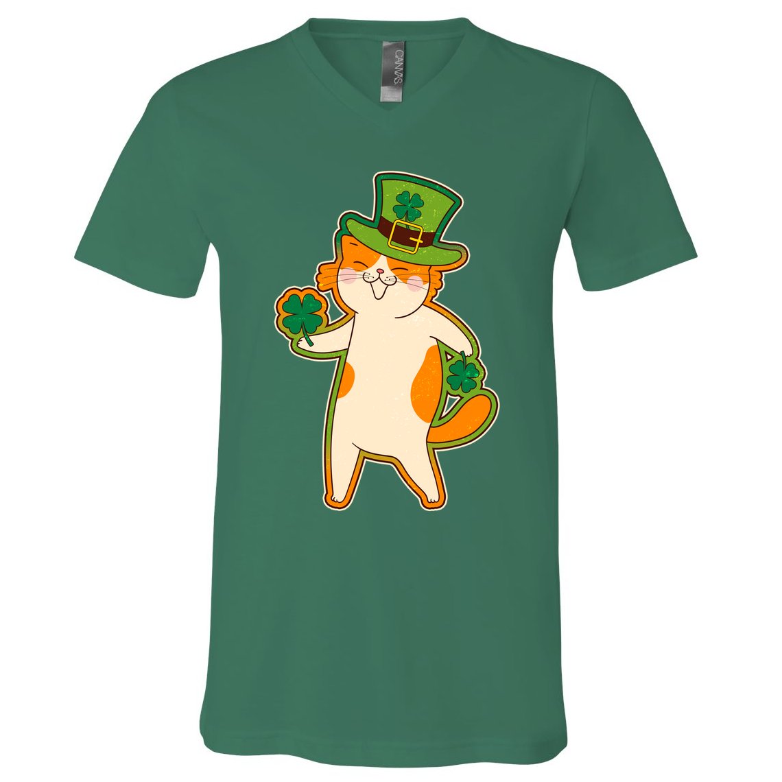 Funny Vintage St Patricks Day Leprechaun Shamrock Clover Cat V-Neck T-Shirt