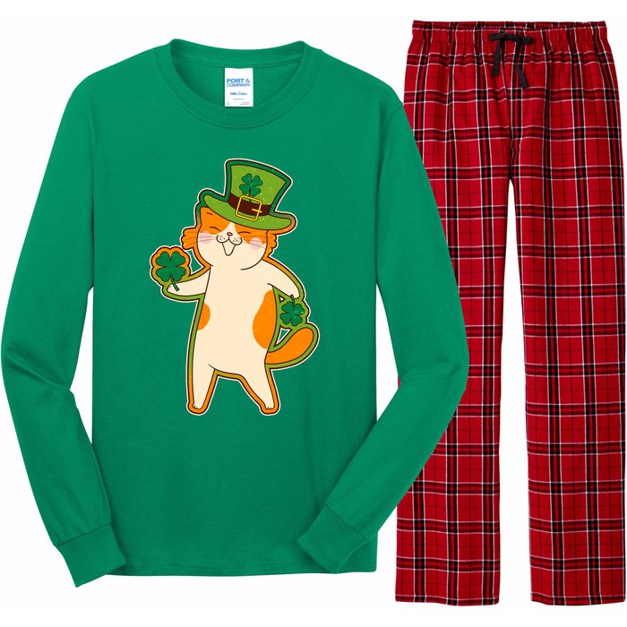 Funny Vintage St Patricks Day Leprechaun Shamrock Clover Cat Long Sleeve Pajama Set