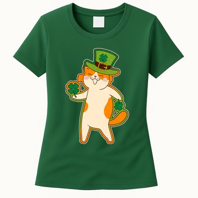 Funny Vintage St Patricks Day Leprechaun Shamrock Clover Cat Womens T-Shirt