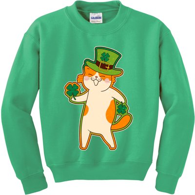 Funny Vintage St Patricks Day Leprechaun Shamrock Clover Cat Kids Sweatshirt
