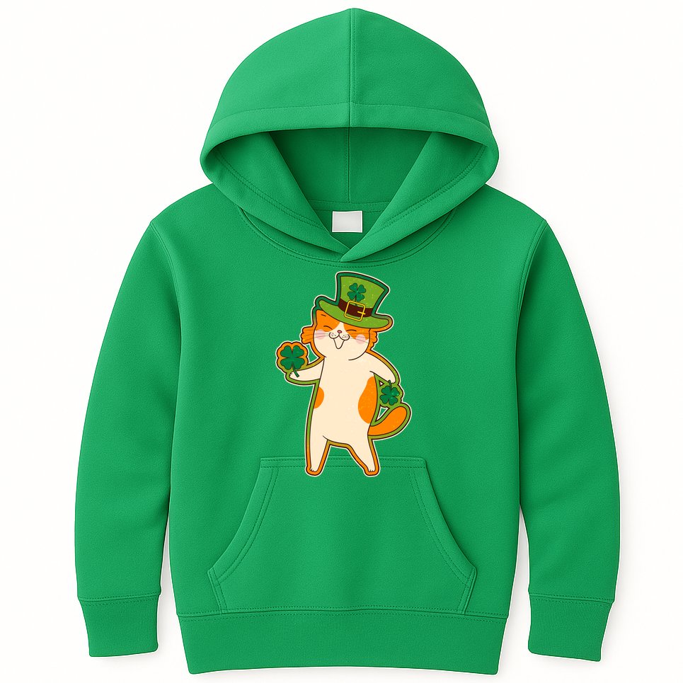 Funny Vintage St Patricks Day Leprechaun Shamrock Clover Cat Kids Hoodie