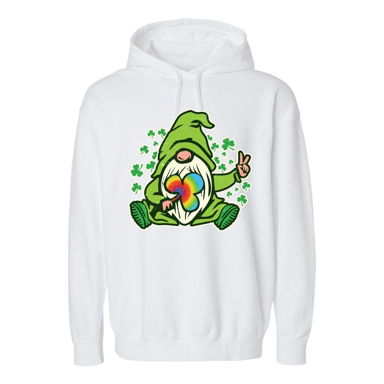 Funny Vintage St Patrick's Day Peace Love Leprechaun Gnome Garment-Dyed Fleece Hoodie