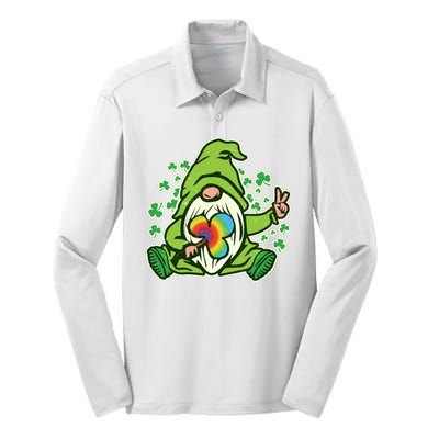 Funny Vintage St Patrick's Day Peace Love Leprechaun Gnome Silk Touch Performance Long Sleeve Polo