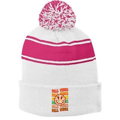 Falls Vibes Smile Face Retro Colorful Stripe Pom Pom Beanie