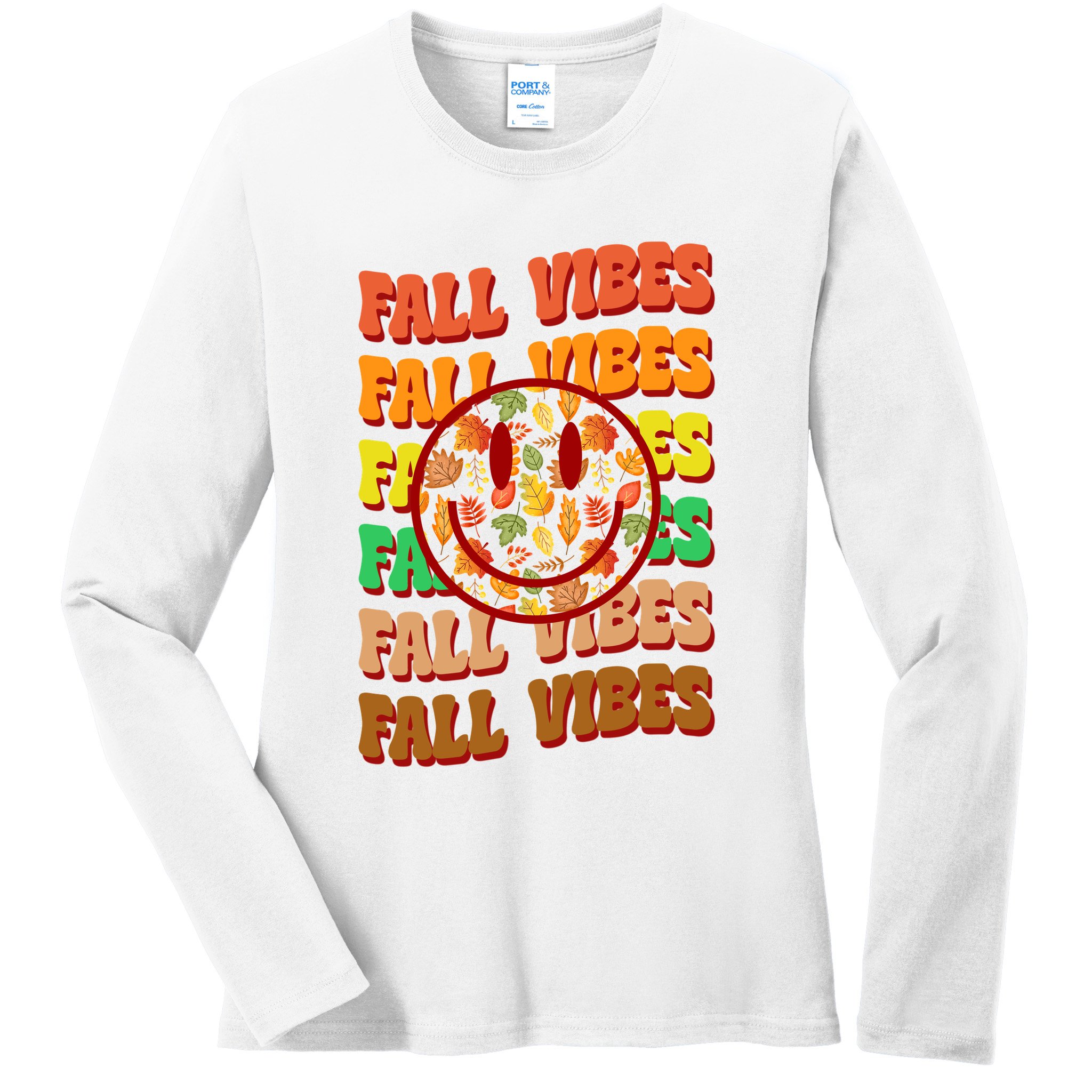 Falls Vibes Smile Face Retro Colorful Ladies Long Sleeve Shirt