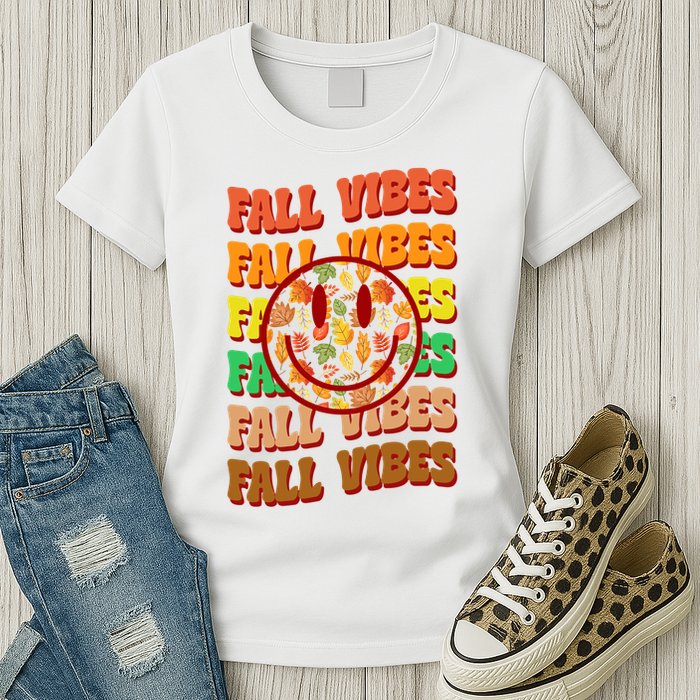 Falls Vibes Smile Face Retro Colorful Womens T-Shirt