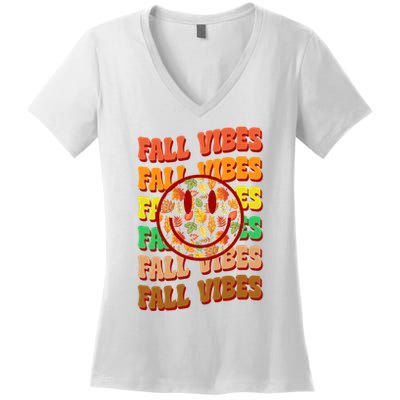 Falls Vibes Smile Face Retro Colorful Women's V-Neck T-Shirt