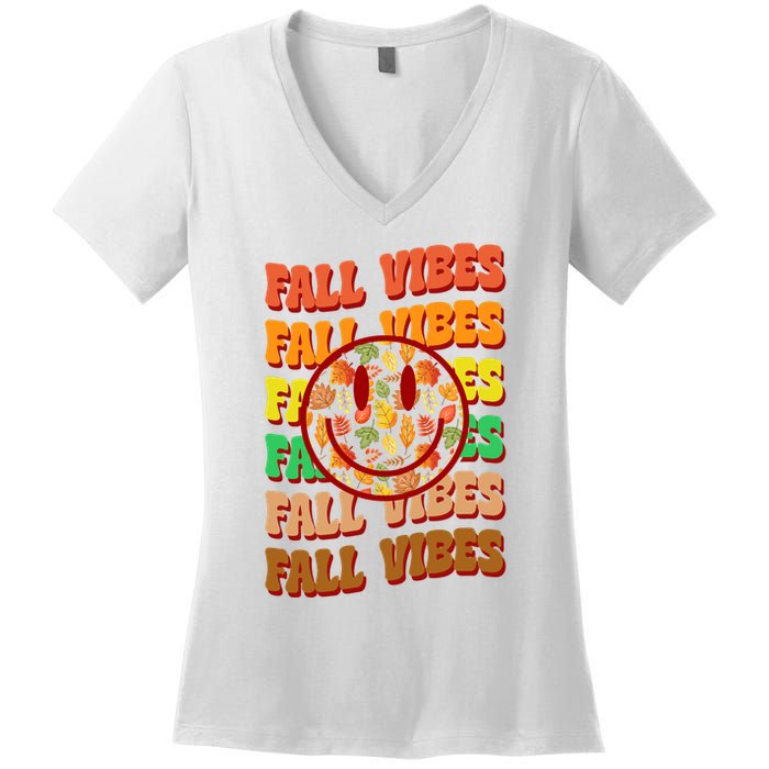 Falls Vibes Smile Face Retro Colorful Women's V-Neck T-Shirt