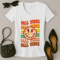 Falls Vibes Smile Face Retro Colorful Women's V-Neck T-Shirt