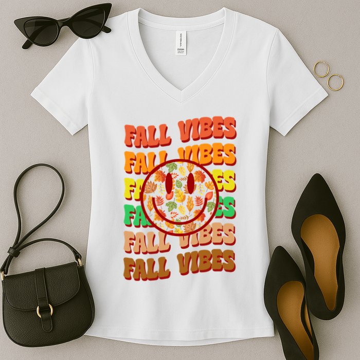 Falls Vibes Smile Face Retro Colorful Women's V-Neck T-Shirt