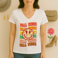 Falls Vibes Smile Face Retro Colorful Women's V-Neck T-Shirt