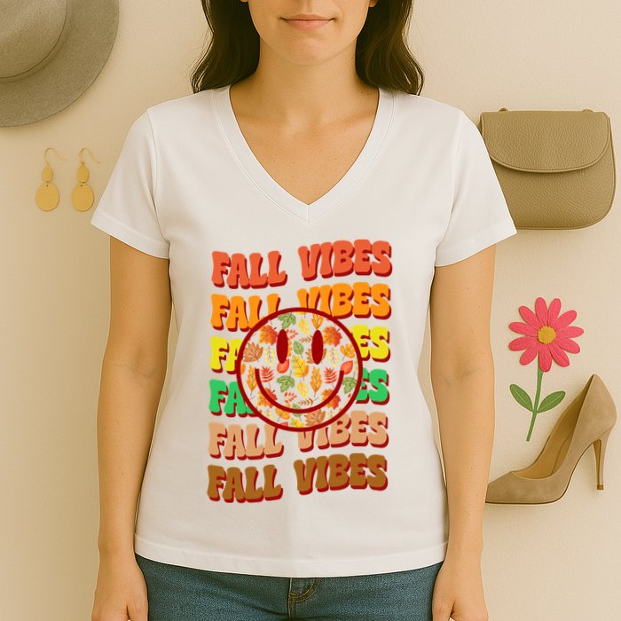 Falls Vibes Smile Face Retro Colorful Women's V-Neck T-Shirt