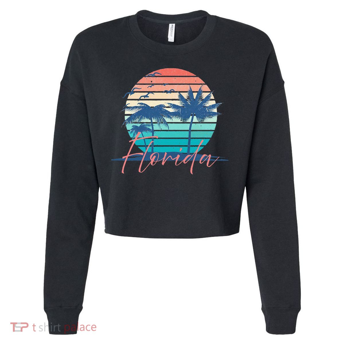 Florida Vintage Summer Vibes Beach Sunset Retro Palm Tree Cropped Pullover Crew