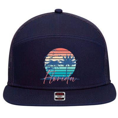 Florida Vintage Summer Vibes Beach Sunset Retro Palm Tree 7 Panel Mesh Trucker Snapback Hat