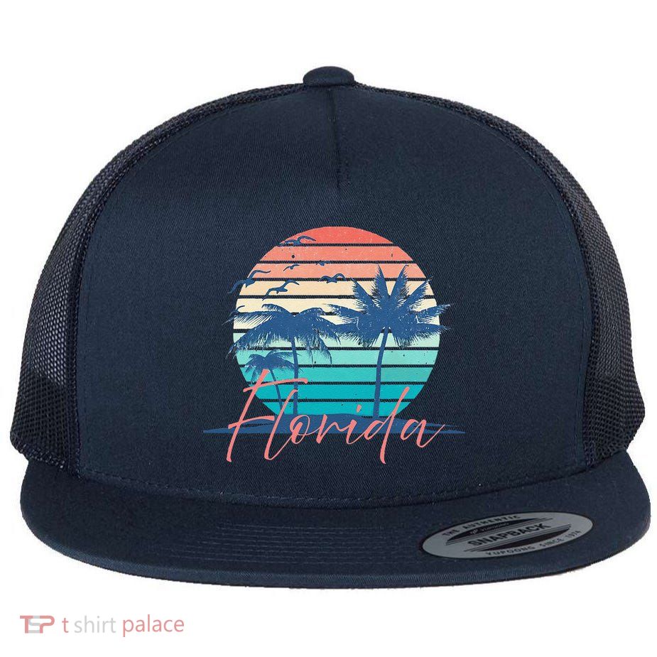 Florida Vintage Summer Vibes Beach Sunset Retro Palm Tree Flatbill Hat