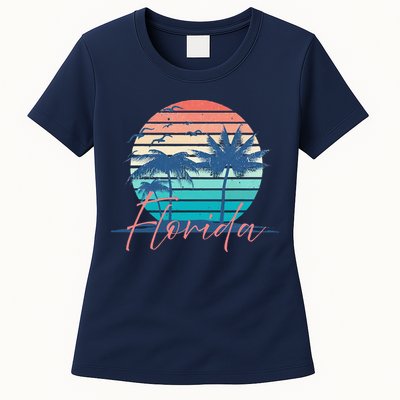 Florida Vintage Summer Vibes Beach Sunset Retro Palm Tree Womens T-Shirt