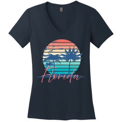 Florida Vintage Summer Vibes Beach Sunset Retro Palm Tree Women's V-Neck T-Shirt