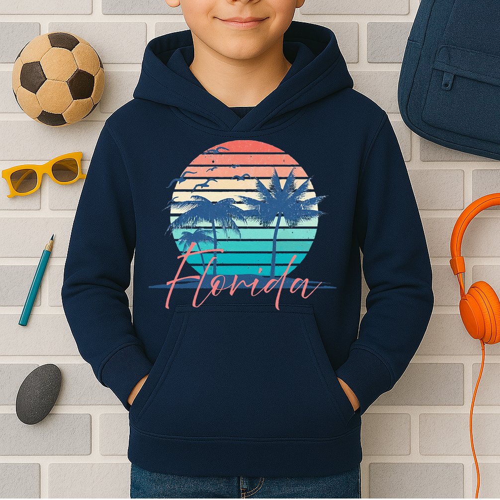 Florida Vintage Summer Vibes Beach Sunset Retro Palm Tree Kids Hoodie