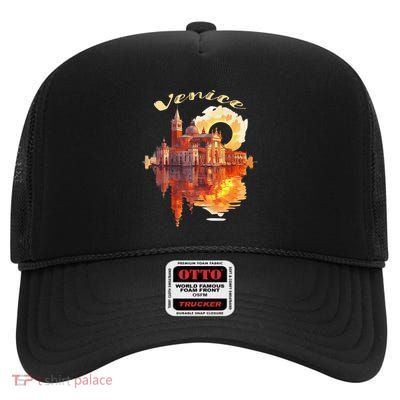 Funny Venice Sunset Watercolor Cityscape High Crown Mesh Back Trucker Hat