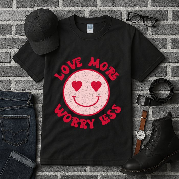 Funny Valentine Shirt Love More Worry Less Smile Face Meme Tall T-Shirt