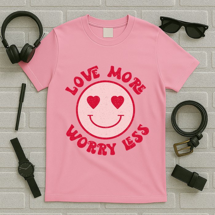 Funny Valentine Shirt Love More Worry Less Smile Face Meme T-Shirt