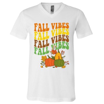 Fall Vibes Season Retro Pumpkin V-Neck T-Shirt