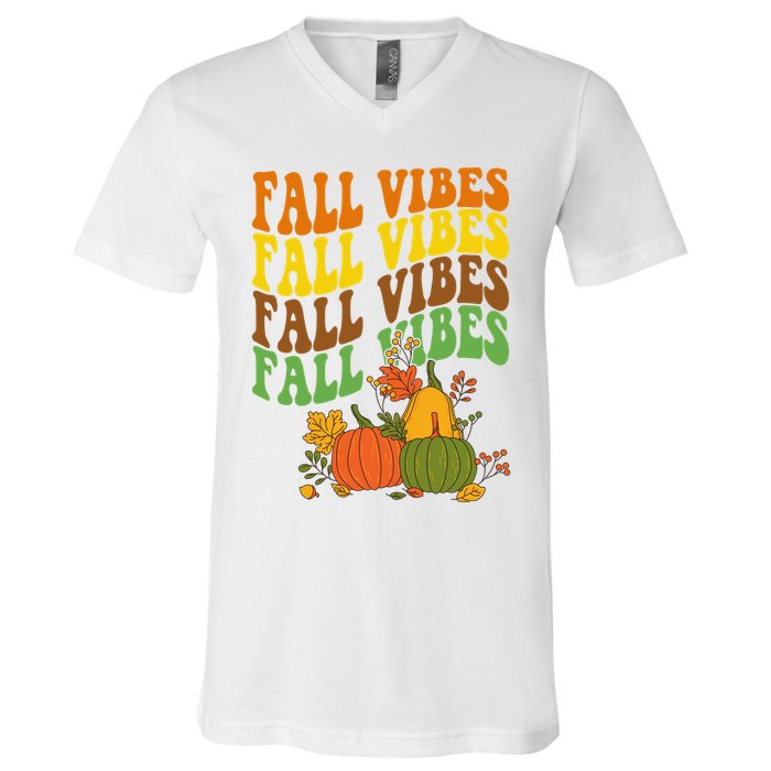 Fall Vibes Season Retro Pumpkin V-Neck T-Shirt