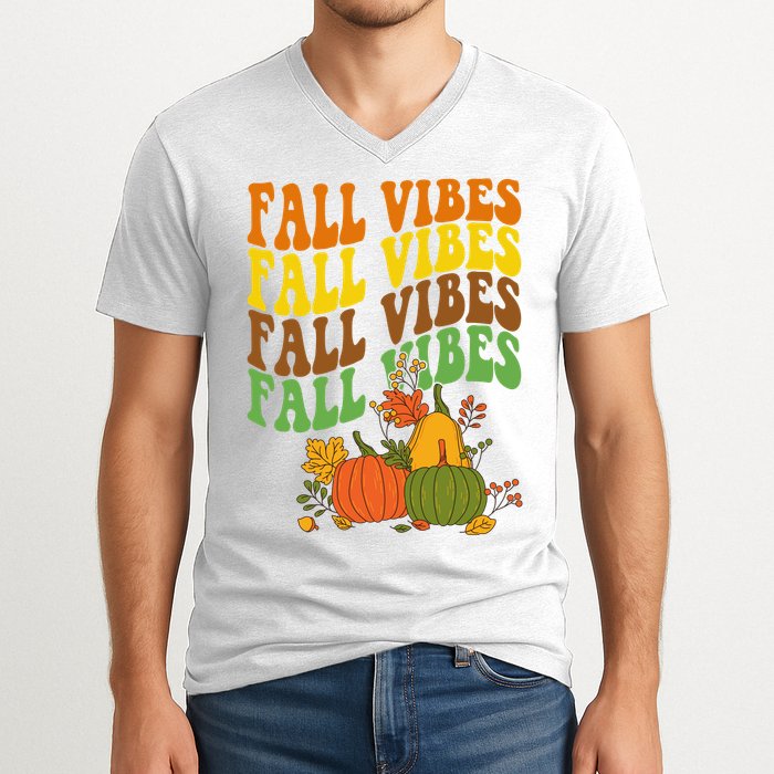 Fall Vibes Season Retro Pumpkin V-Neck T-Shirt
