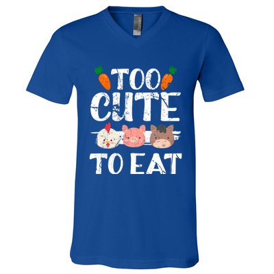 Funny Vegan Too Cute To Eat Vegetarian Save Animals Gift V-Neck T-Shirt